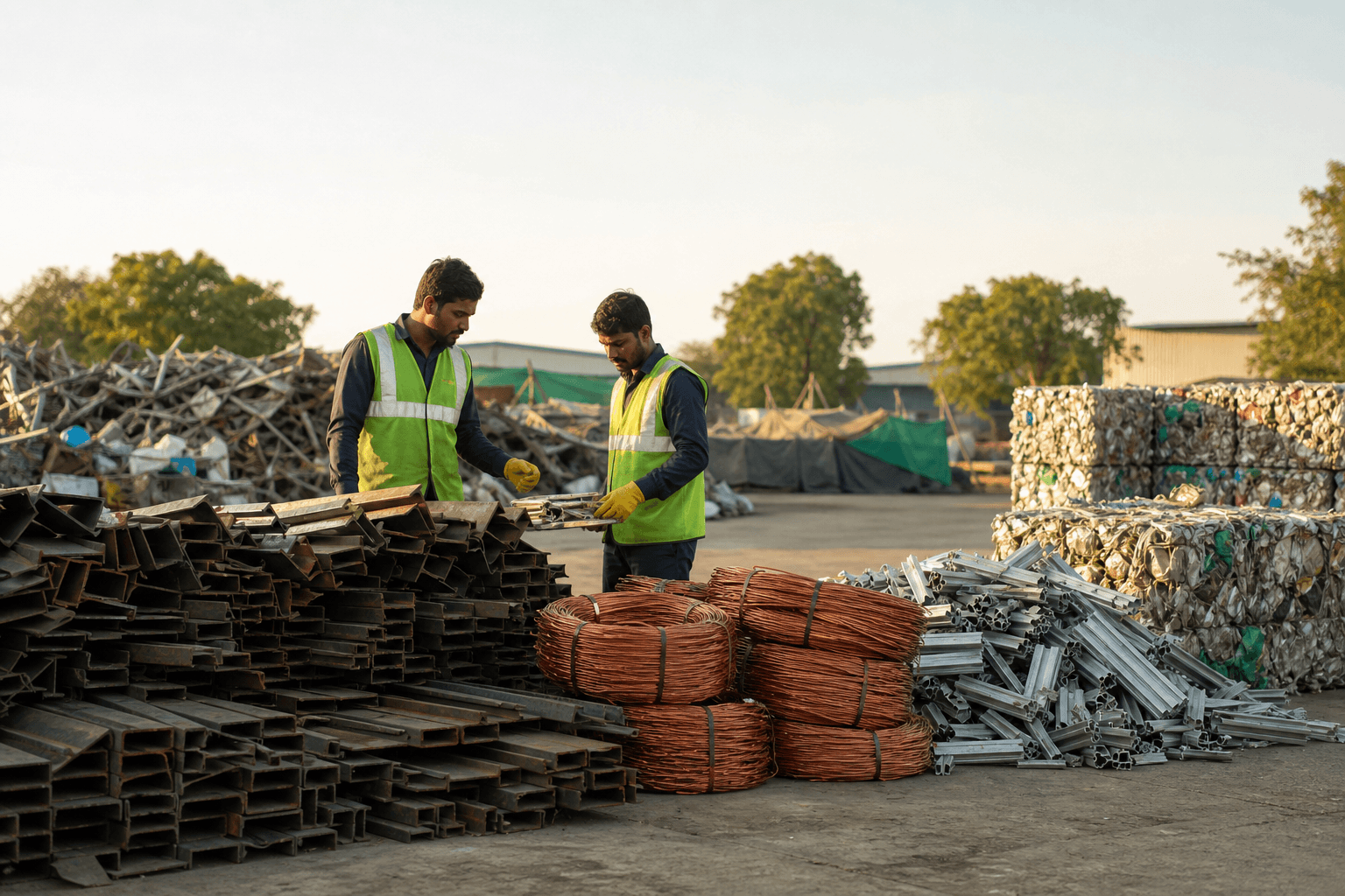 Two workers in safety vests sorting scrap beside stacked steel channels, coiled copper wire, aluminium sections and baled metal in a recycling yard