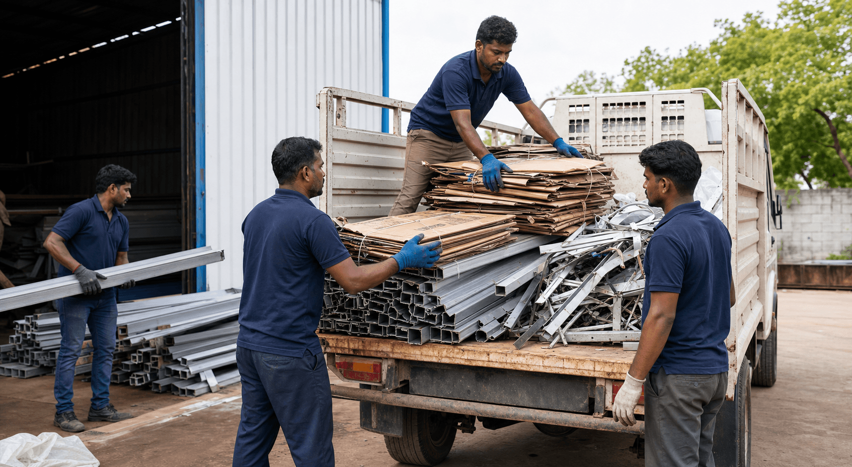 Crew loading bundled cardboard and aluminium sections onto a pickup truck outside a warehouse