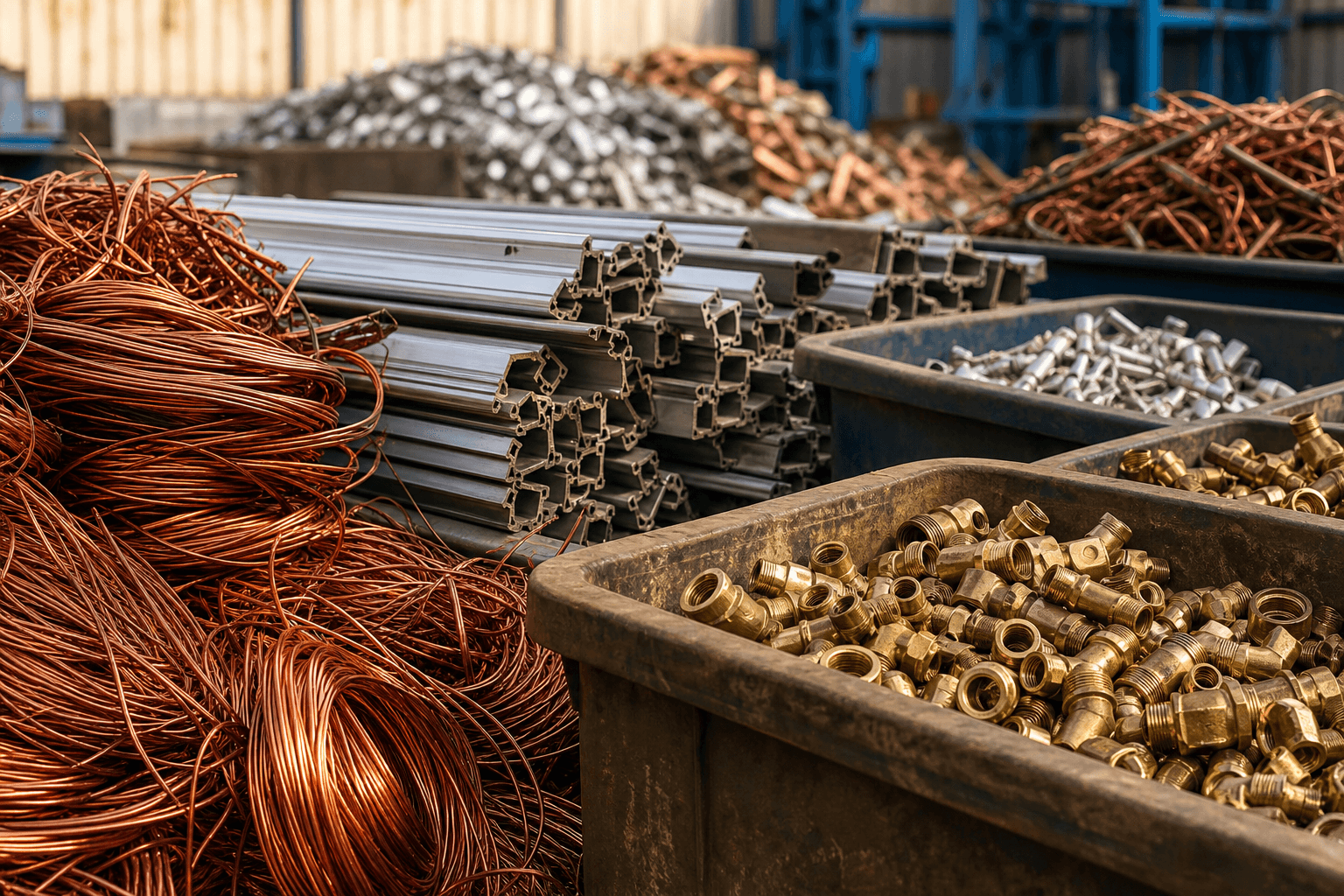 Sorted scrap: coiled copper wire, stacked aluminium extrusions and bins of brass pipe fittings